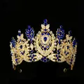 Luxurious gold baroque tiara with navy blue pear-shaped crystals and sparkling rhinestones - Gold with Royal Blue Gemstones