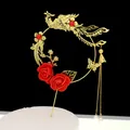 Décoration de gâteau luxe phénix doré avec roses rouges et pompons de perles - Topper Phénix Rose en Mousse