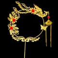 Golden phoenix cake topper with vintage pearls and hanging tassels for birthday decoration - Phoenix Crown Fan Tassel Style