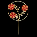 Traditional Chinese phoenix butterfly cake topper with gold frame and red enamel flowers - Enamel Drip Oil Floral Style