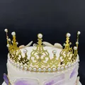 Golden alloy cake topper crown featuring hollow patterns, white pearls and clear crystals - Few Rhinestone Style / Gold