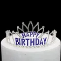 Silver birthday crown cake topper with sparkling rhinestones and purple Happy Birthday text - Silver + Blue HAPPY