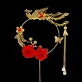 Décoration de gâteau phénix doré avec roses rouges et pompons de style chinois - Topper Phénix Rose en Velours