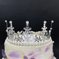 Silver crown cake topper with elegant white pearls and intricate hollowed-out carvings - No Stone Style / Silver