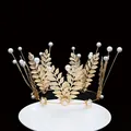 Elegant golden leaf crown tiara with white pearls on a minimalist ceramic plate - Gold without Tulle