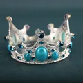 Silver princess crown tiara with blue pearls and vintage hollow metal design - S / Blue