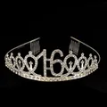 Sparkling silver 16th birthday crown with rhinestones and side combs on black background - Silver-16 Years Old