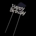 Decoración de pastel Happy Birthday en metal plateado con diamantes en soporte de terciopelo - Feliz Cumpleaños / Plateado