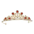 Elegant gold bridal crown with red teardrop rhinestones and white crystals for weddings - Gold + Ruby Red