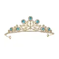 Detail of gold bridal crown with pear-cut blue crystals and sparkling rhinestones - Gold + Lake Blue