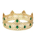 Baroque gold royal crown with intricate metal hollow patterns and green teardrop emeralds - Gold Green