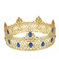 Vintage gold Baroque crown with blue teardrop gemstones and hollow metal patterns - Gold-Royal Blue