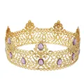 Detailed close-up of golden baroque crown featuring intricate hollow carvings and purple gems - Gold Purple