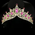 Luxurious gold crown tiara with pink teardrop crystals and white rhinestones - Rose Red