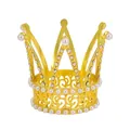 Detailed close-up of a golden crown cake topper with white pearls and sparkling rhinestones - Hg-049 Gold+ab