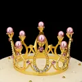 Diadème doré avec perles roses et strass pour coiffures d'enfants ou décoration de gâteau - Or + Rose
