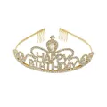 Golden Happy Birthday crown headband with clear rhinestones and integrated hair combs - Gold