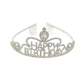 Elegant silver HAPPY BIRTHDAY crown headband with sparkly white rhinestones for party - Silver