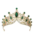 Tiare de mariée dorée avec pierres précieuses vert émeraude et cristaux blancs brillants - Or + Vert