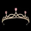 Elegant gold bridal crown with pink pear-shaped gemstones and sparkling rhinestones - Gold + Pink