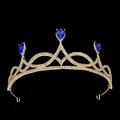 Elegant gold bridal crown with blue teardrop crystals and sparkling rhinestones - Gold Tone + Royal Blue