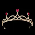 Close-up of golden bridal crown featuring red pear-shaped rhinestones and crystal inlay - Gold & Rose Red