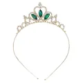 Golden girl princess crown headband with white rhinestones and emerald green gems - Gold-Green