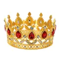 Elegant gold alloy birthday crown with red teardrop rhinestones and ornate cutout design - Gold Base Red Waterdrop Stone