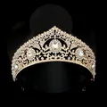 Baroque gold royal crown with sparkling crystals and large oval center stone - Gold + White Rhinestone