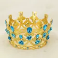 Detail of golden crown with blue rhinestones and 3D roses on a white tulle background - Gold with Lake Blue Flower (HG-033)