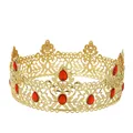 Regal golden baroque crown with intricate metal hollow patterns and red gemstones - Gold Red
