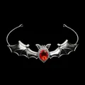 Detailed close-up of gothic bat tiara with red gemstone and silver metal wing texture - Antique Silver Red (HG-012 Antique Silver+Red Diamond)