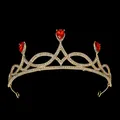 Elegant gold bridal tiara with red teardrop gemstones and white crystals on black background - Gold+Red