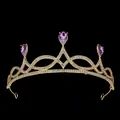 Golden bridal tiara with sparkling white rhinestones and three purple teardrop gems - Gold + Purple