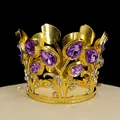 Macro detail of golden crown cake topper with purple crystal water drops and white diamonds - Gold + Purple