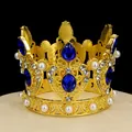 Elegant gold crown with deep blue crystals and pearls for cake topper decoration - Gold Tone + Royal Blue