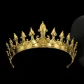 Vintage gold crown featuring fleur-de-lis patterns and intricate hollow metal carvings - Vintage Fleur-De-Lis Antique Gold Crown (HG-016 Antique Gold)