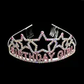 Sparkling silver Birthday Girl crown headband with pink rhinestones for party decor - Silver With Pink AB Rhinestones (HG-262)