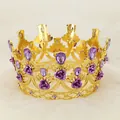 Golden children crown with purple crystal droplets and metallic roses for birthday - Gold with Purple Flower (HG-033)