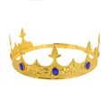 Vintage gold metal king crown with deep blue gems and adjustable buckle for party costumes - Gold Base Blue Gem