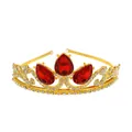 Close-up of golden crown with red teardrop rhinestones and sparkling crystals for girls - Gold+Red