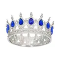 Detailed macro of vintage silver bridal crown with nine blue teardrop crystals and rhinestones - Silver + Royal Blue