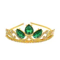 Close-up of gold crown with large green teardrop gems and small white rhinestones - Gold + Green