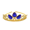 Dettaglio cerchietto a corona dorata con grandi strass blu a goccia e intagli preziosi - Oro + Blu Reale