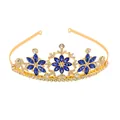Detailed view of snowflake crown featuring blue crystals and gold alloy headband - Snowflake Rhinestone Tiara / Gold + Royal Blue (HG-243)