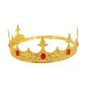 Vintage gold royal crown for men featuring red oval gemstones and ornate floral engraving - Gold Base Red Gem