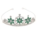 Detailed view of silver crown featuring green marquise gems and white rhinestones - Snowflake Rhinestone Tiara / Silver + Green (HG-243)