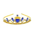 Detailed view of golden princess crown headband featuring heart-shaped blue gems - Gold + Royal Blue