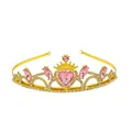 Detail of gold princess crown with pink heart gemstone and sparkling white rhinestones - Gold + Pink
