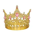 Golden alloy crown for girls featuring pink teardrop gems and sparkling rhinestones - Gold + Pink